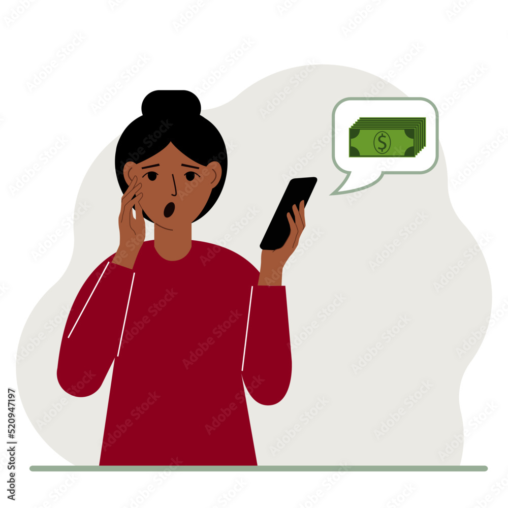 A screaming woman is holding a phone that received a message about money. The concept of online earnings, gain or loss of income. A screaming woman is holding a phone that received a message about money. The concept of online earnings, gain or loss of income.