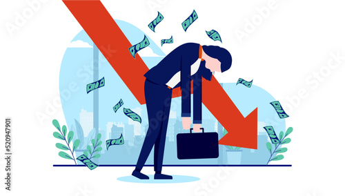 Recession businesswoman - Sad woman walking with red arrow showing financial trouble and economic failure. Flat design vector illustration with white background