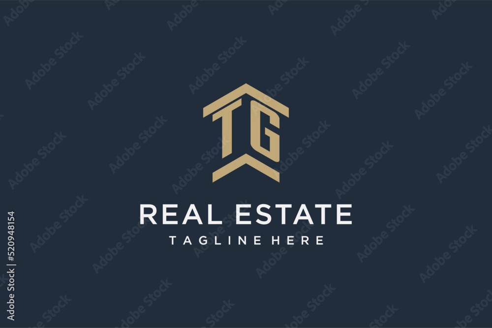 Vetor de Initial TG logo for real estate with simple and creative house ...