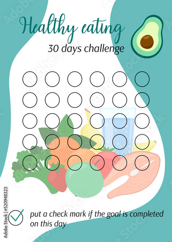 Healthy eating tracker. Nutrition personal 30 days challenge printable template. Healthy food diet habits tracker blank. Vector illustration of paper sheet for marking progress in month
