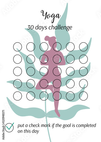 Yoga daily challenge. Personal 30 days tracker printable template. Vertical page A4 A5. Vector illustration of paper sheet for marking progress in month. Habits tracker blank