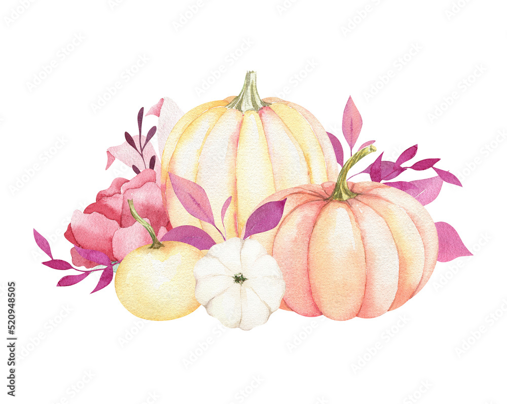 Watercolor fall composition, golden pumpkins, autumn leaves and flowers ...