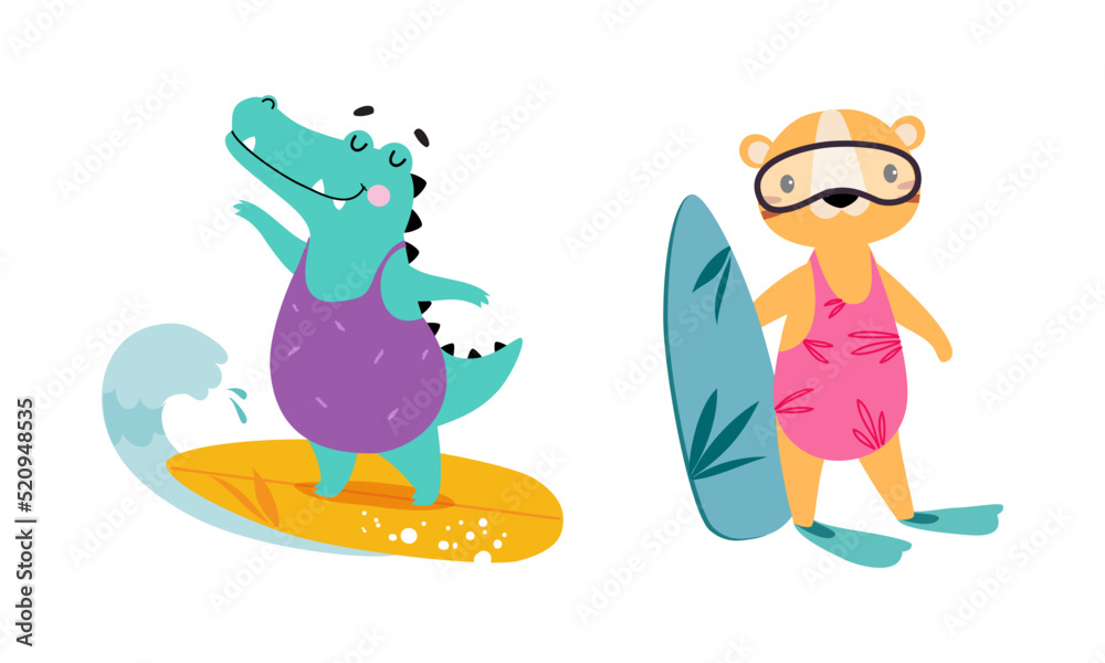 Cute African Crocodile on Surfboard Riding Wave and Lion in Flippers and Goggles Enjoying Hot Summer Vector Set