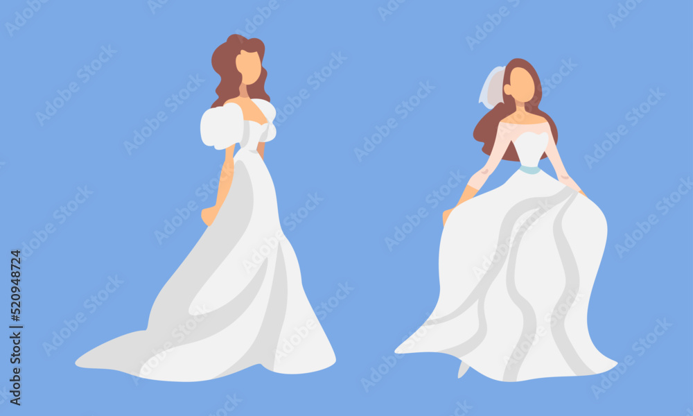 Bride in White Wedding Dress Standing as Newlywed or Just Married Female on Blue Background Vector Set