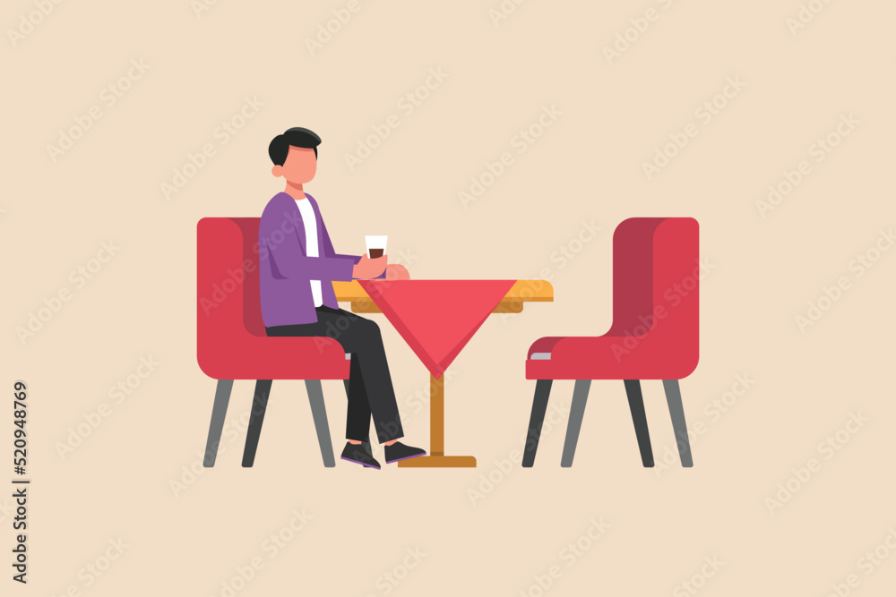 Fototapeta premium Young boy drinking soft drink in Hotel or cafe. Hotel activity concept. Colored flat graphic vector illustration isolated.