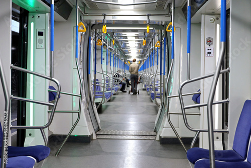 Subway car interior. Modern passenger cabin the Moscow metro train