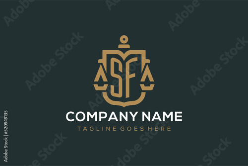 Initial SF logo for law firm with luxury modern scale and shield icon logo design