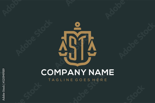 Initial ST logo for law firm with luxury modern scale and shield icon logo design