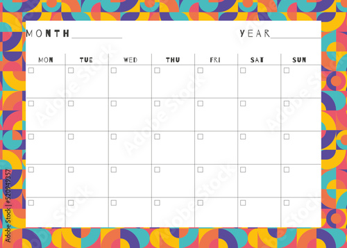 Monthly planner calendar template. Simple printable to do list. Business organizer page. Paper sheet. Realistic vector illustration. A4 and US Letter Ai, RGB/CMYK