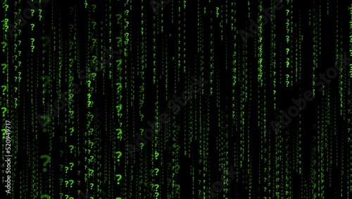 Question mark  Matrix Rain Effect Background  green Numbers Moving Downward On  black Screen ,why, Question and thinking  concept
