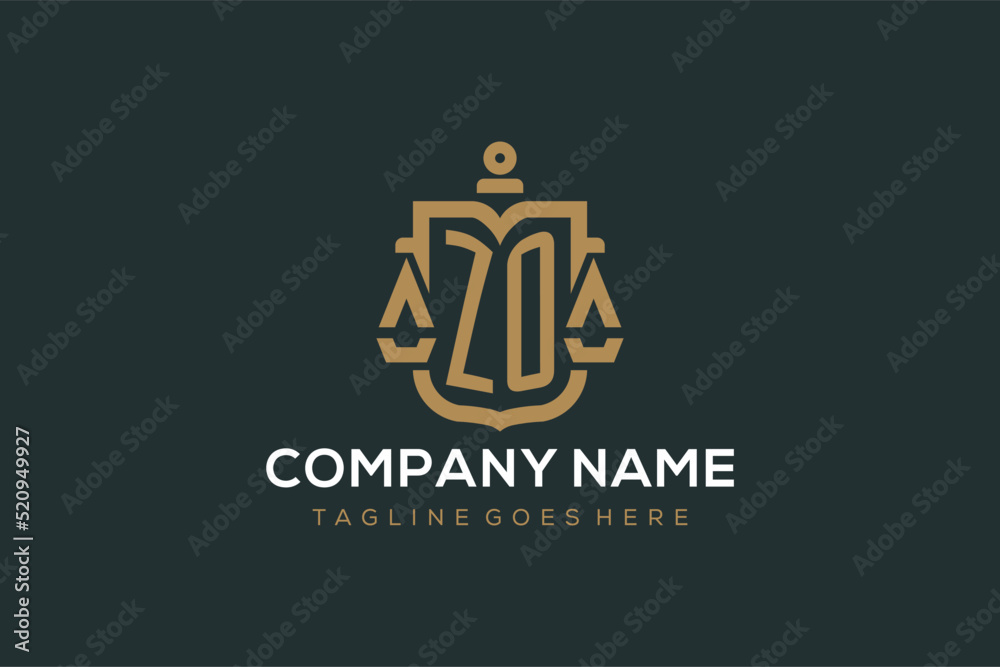 Initial ZO logo for law firm with luxury modern scale and shield icon logo design - obrazy, fototapety, plakaty 