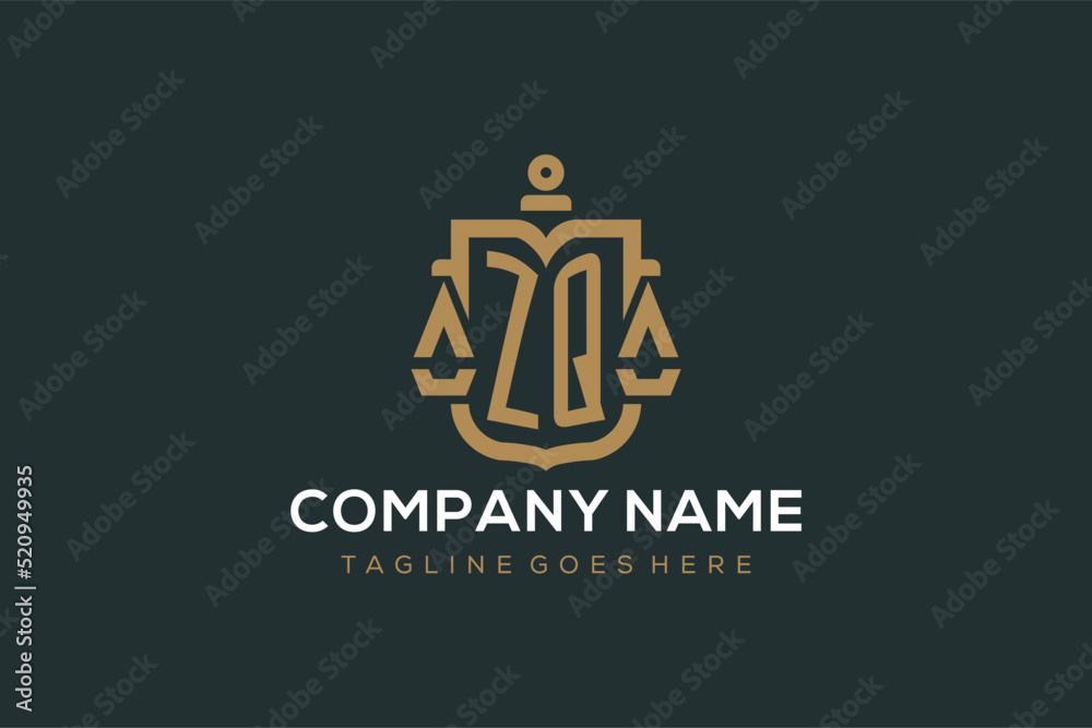 Initial ZQ logo for law firm with luxury modern scale and shield icon ...