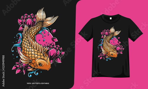 koi fish pink flower artwork with tshirt template. vector illustration