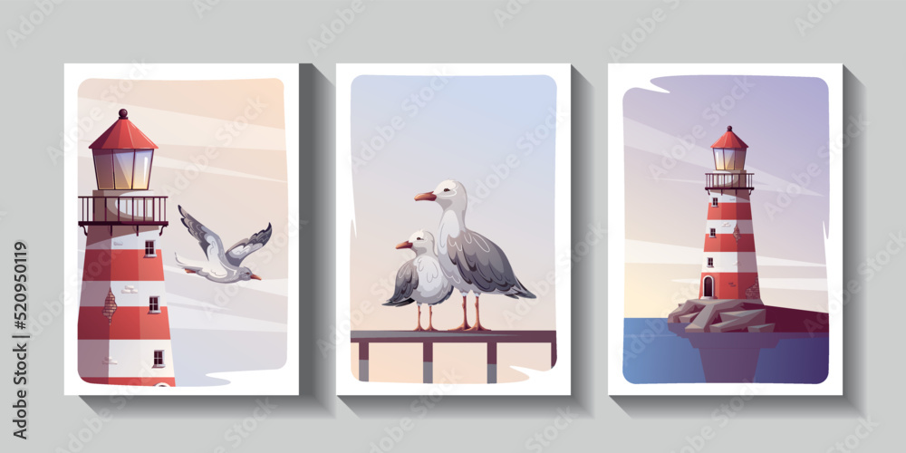 Set of cards with Lighthouse and flying seagull. Maritime, sea coast, marine life, nautical concept. Vector illustration. Postacard, cover, card.