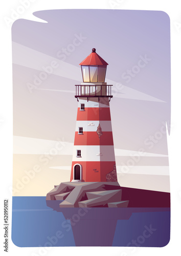 Card design with Lighthouse on the sea rock. Maritime, sea coast, marine life, nautical concept. Vector illustration. Postcard, cover, card.