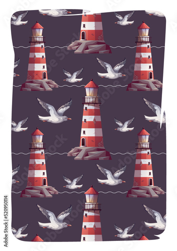 Card design with Lighthouse and flying seagull pattern. Maritime, sea coast, marine life, nautical concept. Vector illustration. Postcard, cover, card.