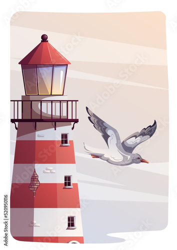 Card design with Lighthouse and flying seagull. Maritime, sea coast, marine life, nautical concept. Vector illustration. Postacard, cover, card. photo