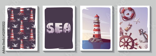 Set of cards with Lighthouse, Ship's steering wheel, anchor, lifebuoy, seagulls. Maritime, sea coast, marine life, nautical concept. Vector illustration. Postacard, cover, card. photo