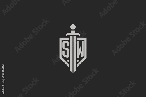 Letter SW logo with shield and sword icon design in geometric style