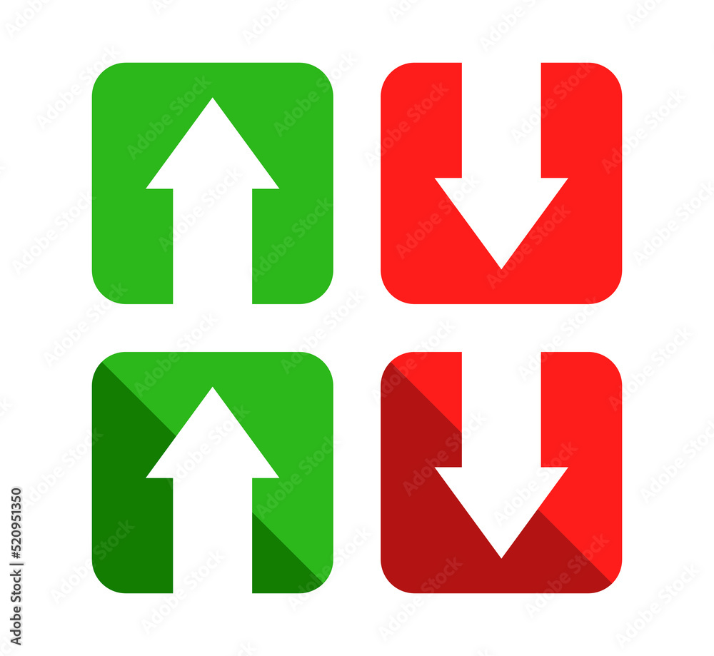 Red down green up arrow icon sign vector isolated on rectangle shape. Cryptocurrency, stock and forex investment trading analysis. Red down green up arrow icon sign vector isolated on rectangle shape. Cryptocurrency, stock and forex investment trading analysis.