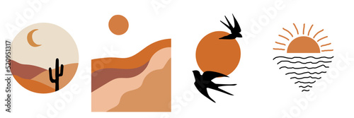 Collection of modern simple minimalist abstract landscapes in boho style: sun, moon, mountains, hills, sunset or sunrise over water and flying swallows on a white background