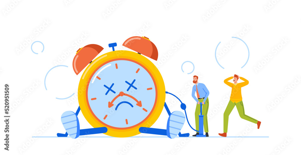 Time is Over Concept. Tiny Male Characters Trying to Fix Broken Alarm
