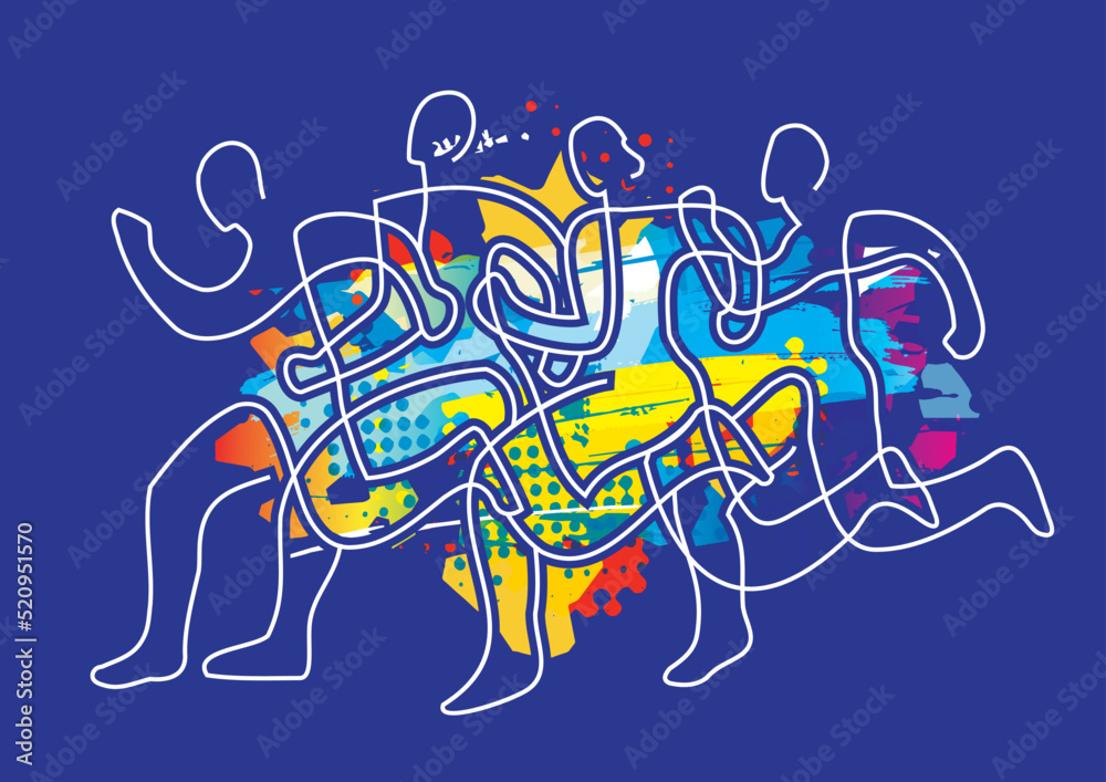 Running race, marathon, jogging, line art stylized, blue background.
Stylized illustration of four running racers on expressive abstract background. Continuous line drawing design. Vector available.