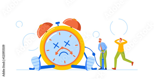 Time is Over Concept. Tiny Male Characters Trying to Fix Broken Alarm Clock. Office Men Pumping Huge Damaged Watches
