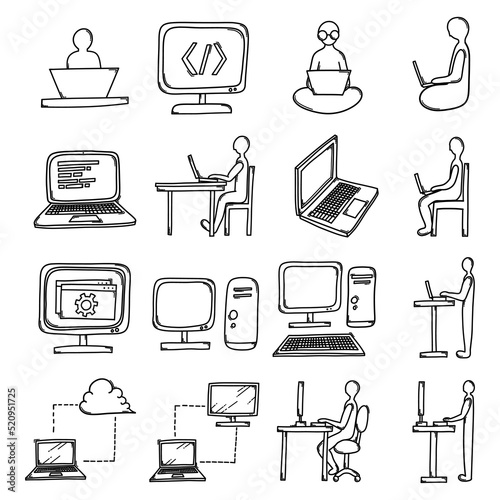 Working on computer Doodle vector icon set. Drawing sketch illustration hand drawn line eps10