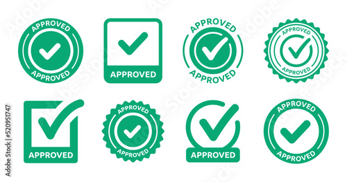 Approved label icon sign vector set. Collection of approval badge with check mark symbol illustration.