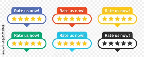 Rate us now sign vector set illustration. Customer satisfaction review with stars ratings label symbol.