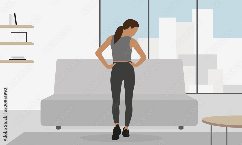 Fototapeta premium Female character in sportswear exercising in the room with furniture and a panoramic window