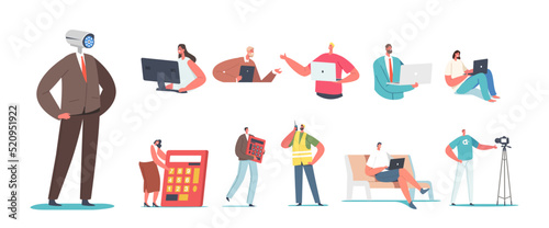 Set of Male and Female Characters with Different Technics and Devices. Men and Women with Computer, Calculator, Camera