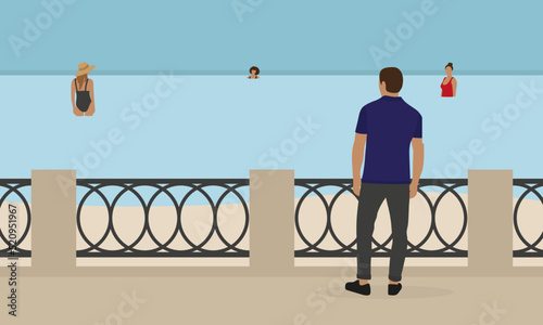 The male character stands on the embankment and looks at the female characters in the water