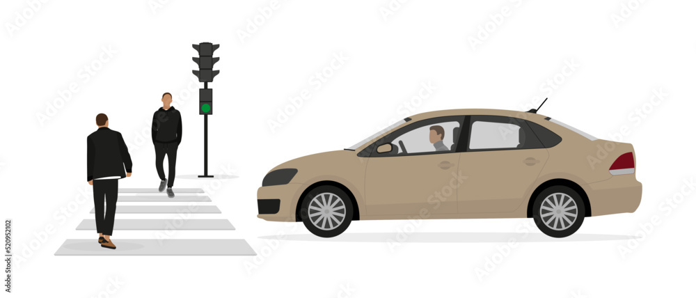 Two male characters are walking along a pedestrian crossing on a green traffic light signal in front of a car with a driver on a white background