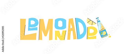 Multicolored lettering lemonade. Illustration of a bottle of imonade and a slice of lemon. inscription in flat style in yellow and blue tones.