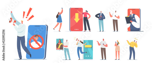 Set Male and Female Characters with Phones and Loudspeaker Isolated on White Background. Men and Women with Smartphones