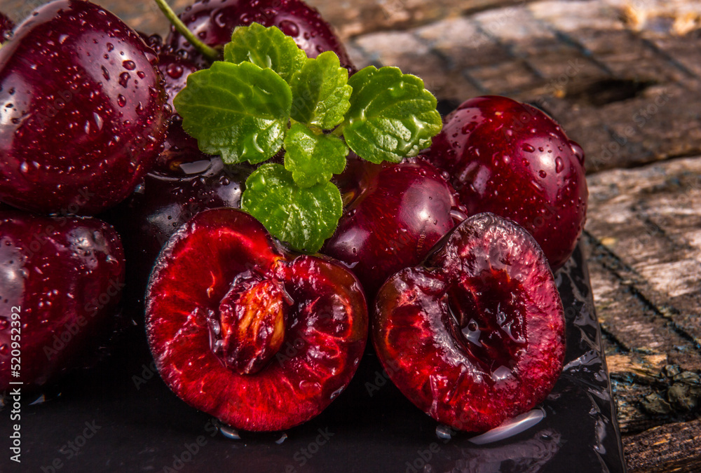 Cut dark red cherry close-up.