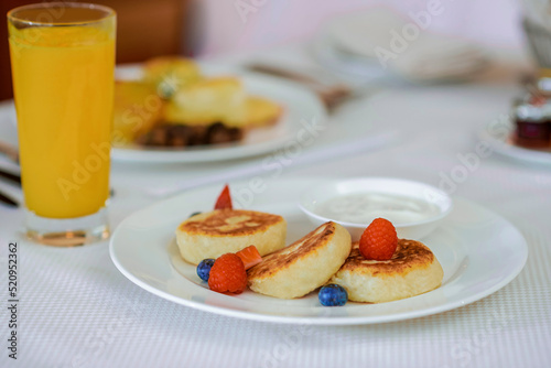 Close up picture of breakfast served in a hotel room photo