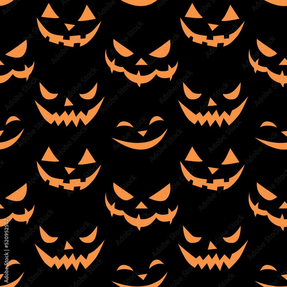 Vector Seamless pattern of smiling faces in flat style. Glowing and looking out of dark creepy snouts of creatures, isolated on black background. Halloween texture Vector Seamless pattern of smiling faces in flat style. Glowing and looking out of dark creepy snouts of creatures, isolated on black background. Halloween texture