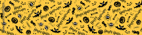 Happy Halloween-seamless pattern of traditional holiday symbols-pumpkin, Jack lantern, zombie, bat, spider, candies. Funny texture for greeting card, invitation, party poster, wrapping paper.