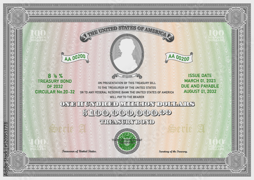 Vector fictional vintage one hundred million US dollar treasury bond. Oval with a silhouette, a ribbon with the inscription Jefferson. Retro frame, guilloche grid
