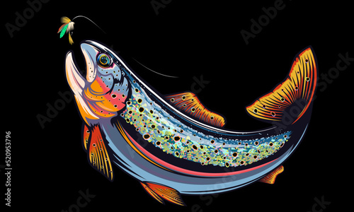 Rainbow trout jumping out water.Salmon isolated on white background. Concept art for horoscope, tattoo or colouring book.