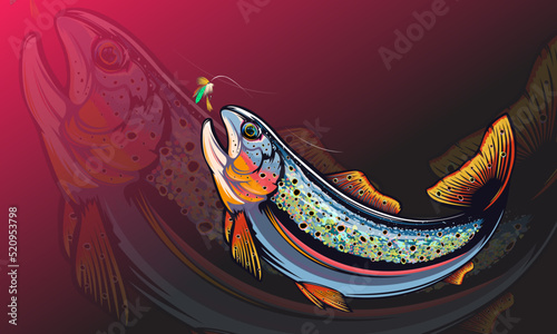 Rainbow trout jumping out water.Salmon isolated on white background. Concept art for horoscope, tattoo or colouring book.
