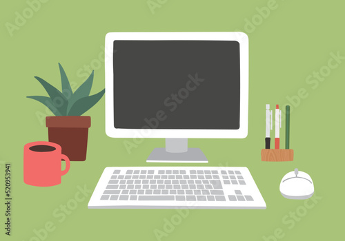 PC　デスクトップ　コーヒー　観葉植物