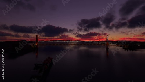 Front aerial view at night of the Golden Gate Bridge in San Francisco, California. United States