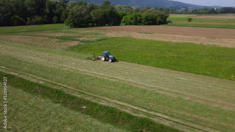 Raking hay with a double wheel rake tractor on a sunny day aerial view
Raking hay with a double wheel rake tractor on a sunny day aerial view