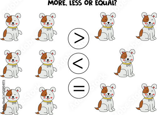 More, less, equal with cute happy dogs.