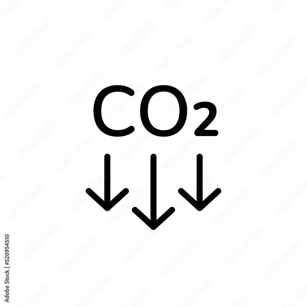 CO2 emission reduction linear black icon isolated on white. CO2 text
