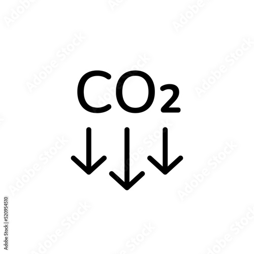 CO2 emission reduction linear black icon isolated on white. CO2 text with looking down arrows symbol sign design element. Zero carbon footprint, CO2 neutral, greenhouse gas emission reduction concept.